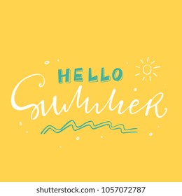 Vector illustration of yellow and black Hello Summer words with waves and sun on yellow background.