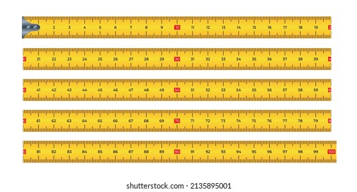 Vector illustration yellow and black measure tape ruler 100 cm isolated on white background. Realistic tape for tool roulette in flat style. Metric measurement.
