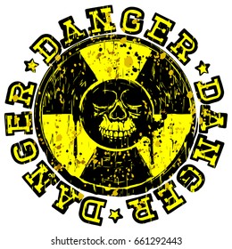 Vector illustration yellow and black round stamp with radioactivity sign and inscription in circle danger. In center of radiation symbol abstract grunge skull