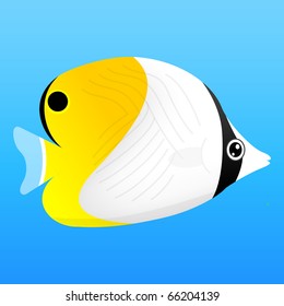 A vector illustration of a yellow, black and white angel fish on blue background.