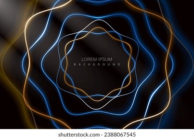 vector illustration yellow and blue color modern circles glowing light line patterns creative and dark backdrop design. use for cover,business card and digital wallpaper.