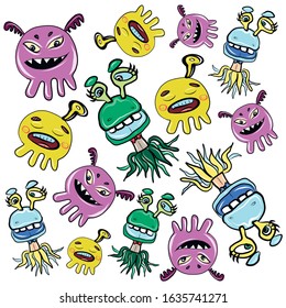 Vector illustration with yellow, blue, green, violet cartoon monsters