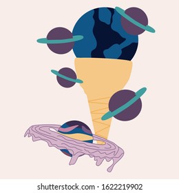 vector illustration with yellow and blue ice cream and purple planets, perfect to use on the web or in print