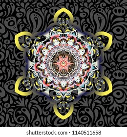 Vector illustration. Yellow, blue and pink shiny ornament, damask seamless pattern, abstract shapes.