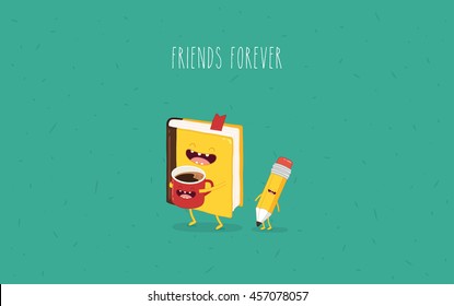 Vector illustration yellow book with coffee. Funny cartoon set. Vector illustration. Use for card, poster, banner, web design and print on t-shirt. Easy to edit.