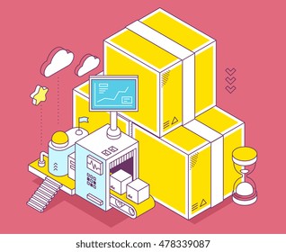 Vector illustration of yellow box, hourglass and three dimensional mechanism with conveyor and monitor on red background. Delivery, sorting and storage of goods. 3d thin line art style design