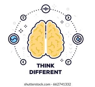 Vector illustration of a yellow brain with scheme and icons. Creative concept with text on white background. Thin line art design of a brain for web, site, banner, business presentation