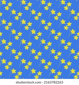 Ilustración vectorial con ramas amarillas con flores estrelladas sobre un fondo azul con una textura. Idea conceptual azul y amarilla - con Ucrania en el corazón.