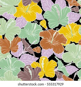 Vector illustration in yellow and brown colors on a black background. Seamless tropical flower, hibiscus pattern.