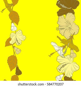 Vector illustration. Yellow and brown hibiscus flowers seamless pattern with copy space (place for your text).