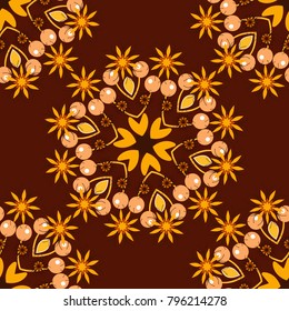 Vector illustration. Yellow, brown and orange ethnic geometric motif seamless pattern on colorful abstract background.