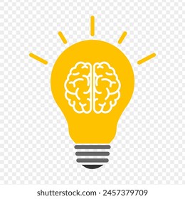 Vector illustration of yellow bulb with brain icon on transparent background