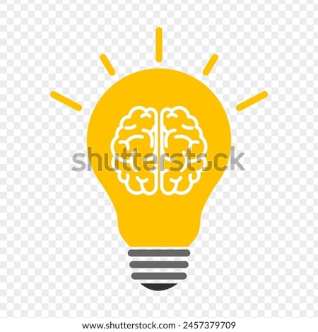 Vector illustration of yellow bulb with brain icon on transparent background