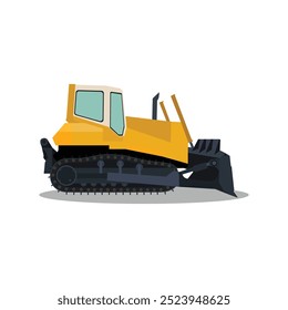 Ilustración vectorial de bulldozer amarillo en estilo plano de dibujos animados. Logo de maquinaria pesada para construcción y construcción. Colección de construcción y símbolo de stock de maquinaria para publicidad.