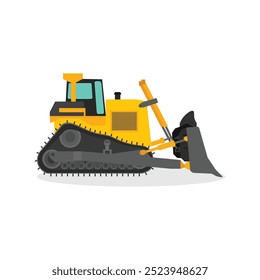 Ilustración vectorial de bulldozer amarillo en estilo plano de dibujos animados. Logo de maquinaria pesada para construcción y construcción. Colección de construcción y símbolo de stock de maquinaria para publicidad.