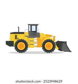 Ilustración vectorial de bulldozer amarillo en estilo plano de dibujos animados. Logo de maquinaria pesada para construcción y construcción. Colección de construcción y símbolo de stock de maquinaria para publicidad.