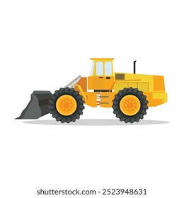 Ilustração vetorial de bulldozer amarelo em estilo cartoon flat. Máquinas pesadas para construção e logotipo de construção. Coleção de construção e símbolo de estoque de máquinas para publicidade.