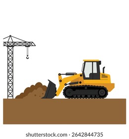 Vector illustration of a yellow bulldozer scooping dirt next to a construction crane.