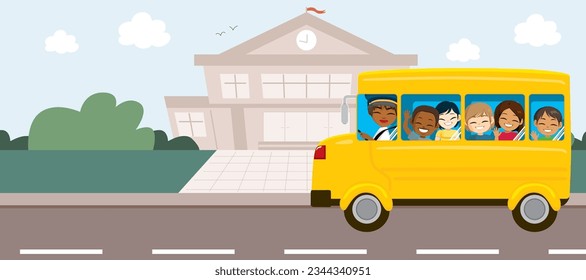Ilustración vectorial del autobús amarillo que va a la escuela primaria pública. Niños frente a la construcción del concepto escolar
