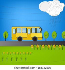 Vector illustration of yellow bus on the road