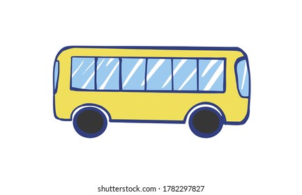 Ilustración vectorial de un bus amarillo. Concepto de arte de líneas de transporte público. Diseño gráfico de un vehículo urbano, autobús. Autobús escolar. Imagen estándar en un fondo blanco