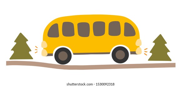 Vector illustration of a yellow bus rides on the road.