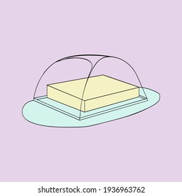 A vector illustration of a yellow butter piece in a light green butter box with a glass cover isolated on pink background. A design element for prints, projects for adults and kids.