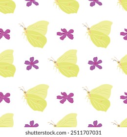 Vector illustration with yellow butterflies and pink flowers