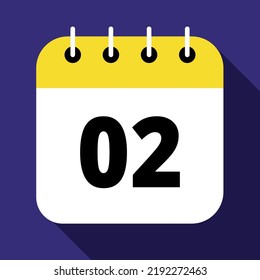 Vector illustration of yellow calendar on blue background marking day 02, vector flat icon.