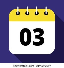 Vector illustration of yellow calendar on blue background marking day 03, vector flat icon.