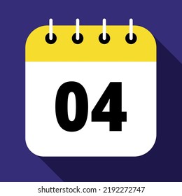 Vector illustration of yellow calendar on blue background marking day 04, vector flat icon.