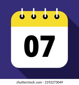 Vector illustration of yellow calendar on blue background marking day 07, vector flat icon.