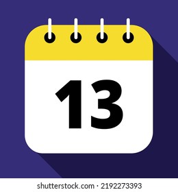 Vector illustration of yellow calendar on blue background marking day 13, vector flat icon.