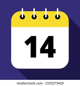 Ilustración vectorial del calendario amarillo en el día 14 de marcado de fondo azul, icono plano vectorial.