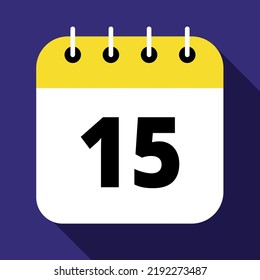 Vector illustration of yellow calendar on blue background marking day 15, vector flat icon.