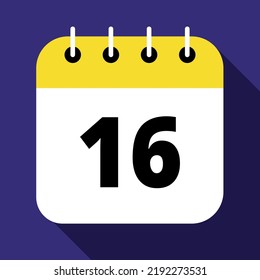 Ilustración vectorial del calendario amarillo en el día 16 del marcado de fondo azul, icono plano vectorial.
