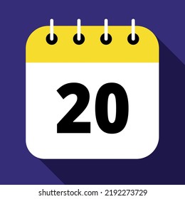 Vector illustration of yellow calendar on blue background marking day 20, vector flat icon.