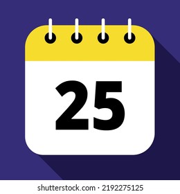 Vector illustration of yellow calendar on blue background marking day 25, vector flat icon.