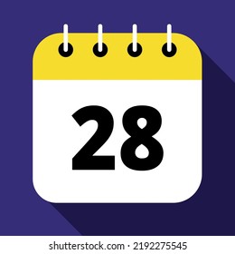 Vector illustration of yellow calendar on blue background marking day 28, vector flat icon.