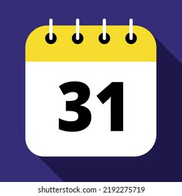 Vector illustration of yellow calendar on blue background marking day 31, vector flat icon.