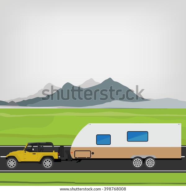 Vector illustration yellow car\
jeep with camper trailer driving  on road with mountain\
landscape