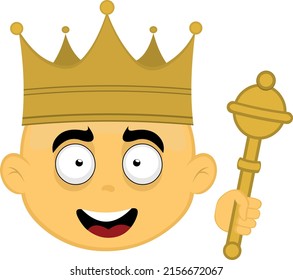 Vector illustration of a yellow cartoon character face with a king crown and scepter