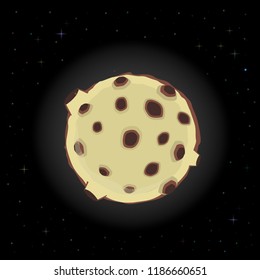 Vector illustration of yellow cartoon full moon with brown craters glowing in the night sky among the sparkling stars. Digital design element, card, flyer, template.