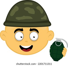 Vektorgrafik des gelben Cartoon-Soldaten Emoji, mit einem getarnten Kriegshelm und einer Granate in der Hand