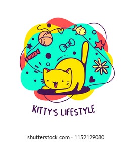 Vector illustration of yellow cat with favorite things on color background. Hand drawn line art style design of cute cartoon happy playful cat  for web, site, greeting card, invitation, sticker, print