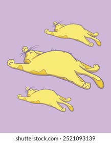 Vector illustration of a yellow cat lying down and stretching in various poses. Perfect for fun and relaxing designs.