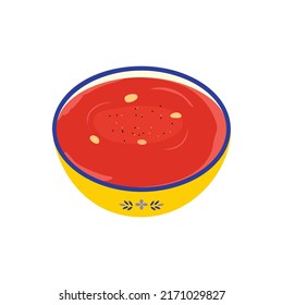 Vector illustration of yellow ceramic bowl with ornament and traditional Spanish tomato soup gazpacho (gaspacho). National cuisine healthy diet concept