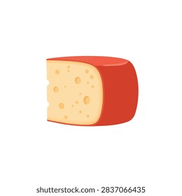 Vector illustration of a yellow cheese wedge with red wax coating and holes on white background