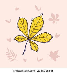 Vector illustration of yellow chestnut leaf in doodle style isolated on a light background with autumn leaves