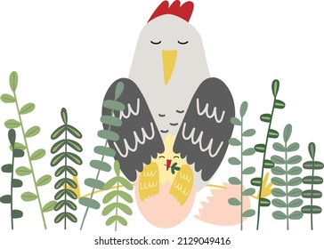 Vector illustration with yellow chick in egg and mother of hens, with green grass isolated on white background. Hand drawn. Concept for mother's day, easter, birthday.